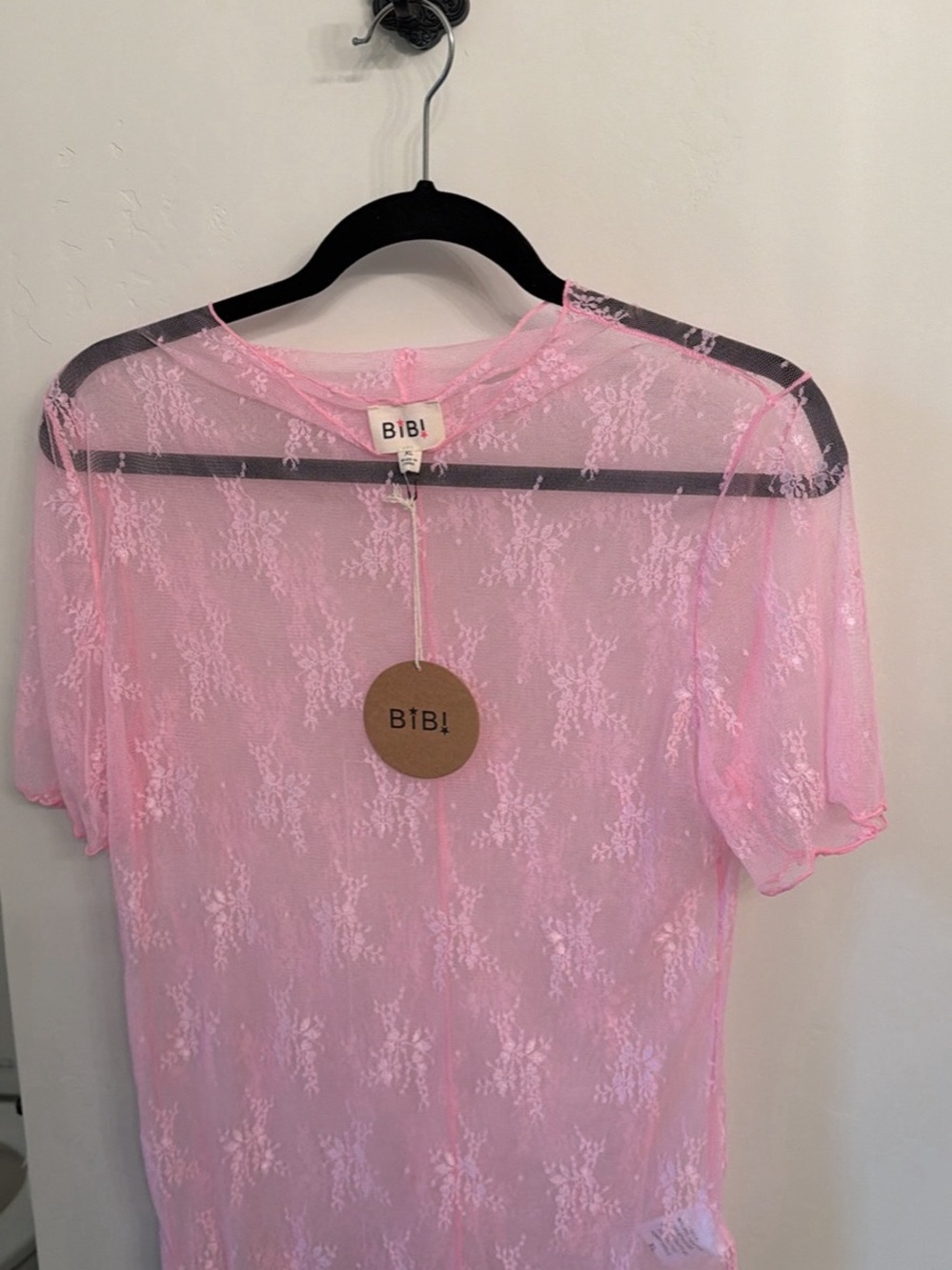 BiBi Light Pink Sheer Lace Short Sleeve Tee